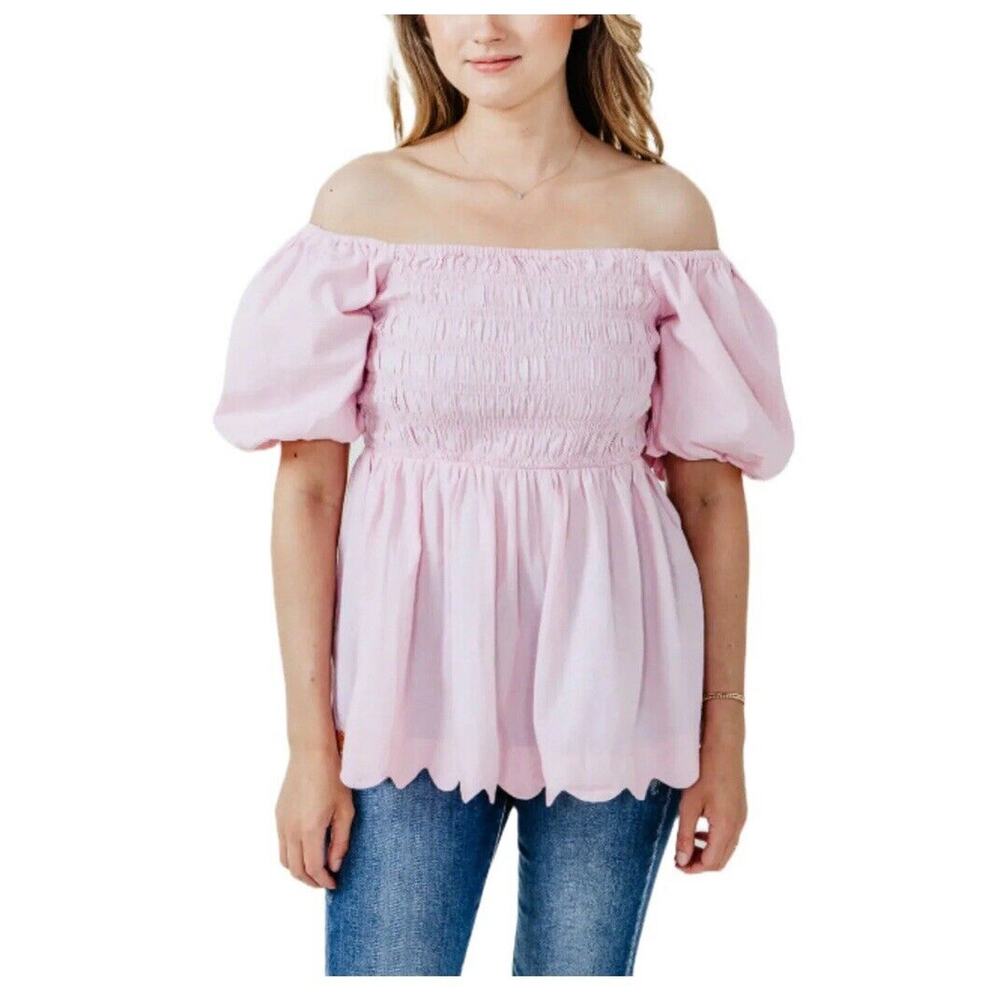 NWT Simply Southern Ladies Puff Scallop Light Pink Blouse XXL X11